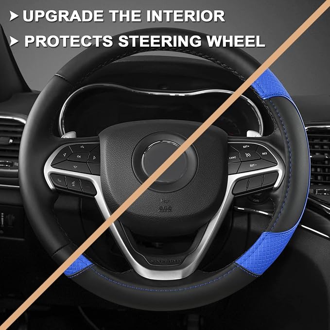GIANT PANDA Steering Wheel Cover for Jeep Wrangler, Car Steering Wheel Cover for Jeep Grand Cherokee and Cherokee - Black+Blue