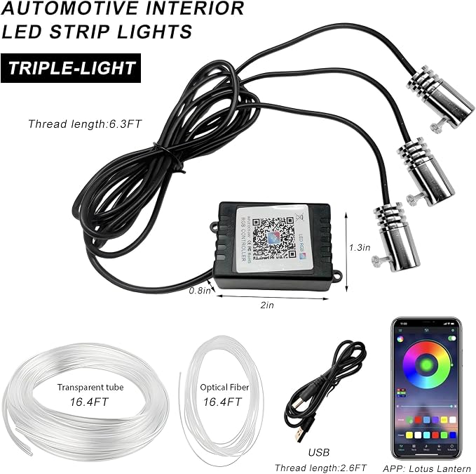 Interior Car LED Strip Lights with APP Control, 3 in 1 RGB Ambient Lighting Kit with 197 inches Fiber Optic, 16 Million Colors Neon Strip USB Music Sync Atmosphere LED for Vehicles