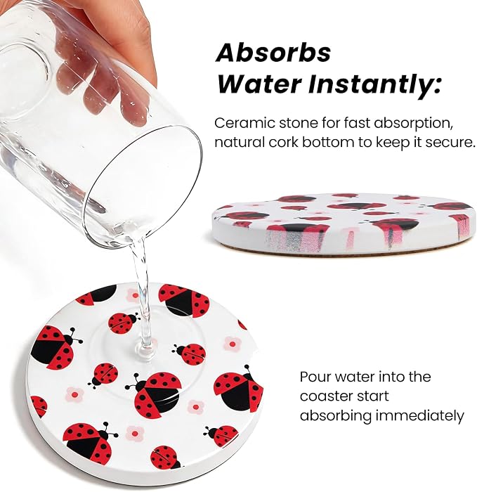 2 Pack Ladybug Car Coasters for Women Car Cup Holder Coasters, 2.63 Inch Anti Slip Ceramic Absorbent Coaster with Cork Base and Finger Notch, Cute Car Accessories Interior