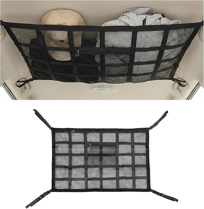 Car Ceiling Cargo Net Pocket, 31.5×20.5 Inch Double-Layer Car Roof Mesh Storage Organizer, Strengthen Load Bearing Overhead Cargo Storage Net for 4-Handle Vehicles