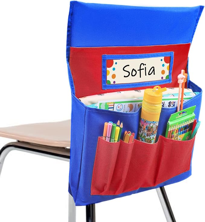 Chair Pockets for Classrooms, 15.7" × 18.9" – 6 Pockets Chairback Storage Organizer with Name Tag Window, Student Desk & Seat-Back Management for Books, Folders & School Supplies, Red+Blue