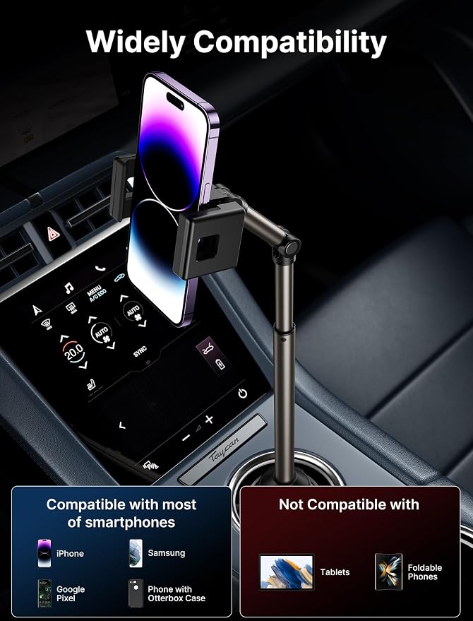 JSAUX Car Cup Holder Phone Mount, Metal Long Arm, Adjustable Base | Sturdy Metal Arm, Adjustable Height and Angle, Secure Phone Grip, Fits 2.17-4.33 in Car Cup Holders