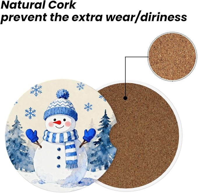 Snowman Snowflakes Winter 2 Pack Car Cup Holder Coasters Absorbent Ceramic Drink Coasters 2.56" Universal Anti Slip Cup Mat with Cork Base Finger Notch Auto Accessories Interior for Women Men