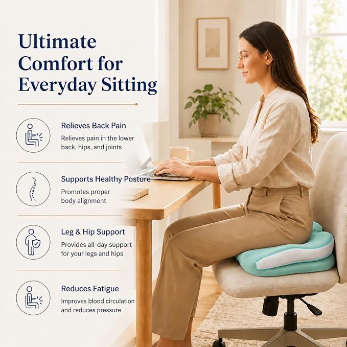 Memory Foam Ergonomic Seat Cushion for Office Chairs Pain Relief | Suitable for prolonged sitting, relieves tailbone pain, fits office chairs, wheelchairs, car seats and computer desk chairs