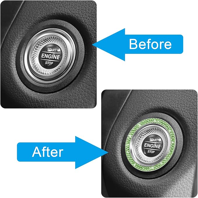 WINKA 2pcs Bling Car Engine Start Button Cover Diamond Crystal Push Start Stop Button Ring Sparkly Bling Ignition Button Cover Rhinestone Keyless Ignition Ring Universal Car Accessories (Light Green)