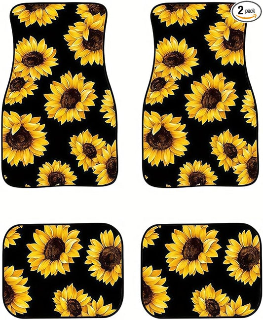 Universal Fit Car Floor Mats Set of 4Pcs, Sunflower Patter All-Weather Front Rear Car Carpet Mats, Non-Slip Car Floor Mat Car Accessories for Automotive Trucks SUV Sedans Vans