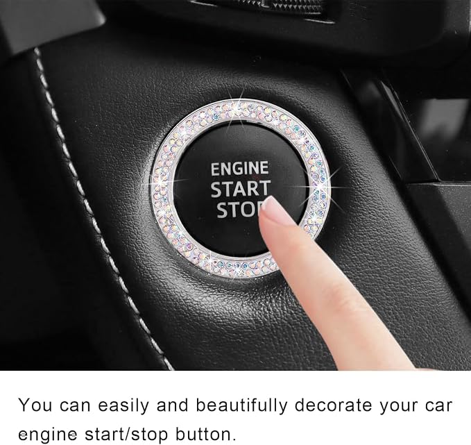 Car Bling Crystal Rhinestone Engine Start Ring Decals, Sparkling Diamond Car Push Start Button Ignition Ring Sticker, Auto Key Ignition Knob Ring Decoration for Women Girls (AB)