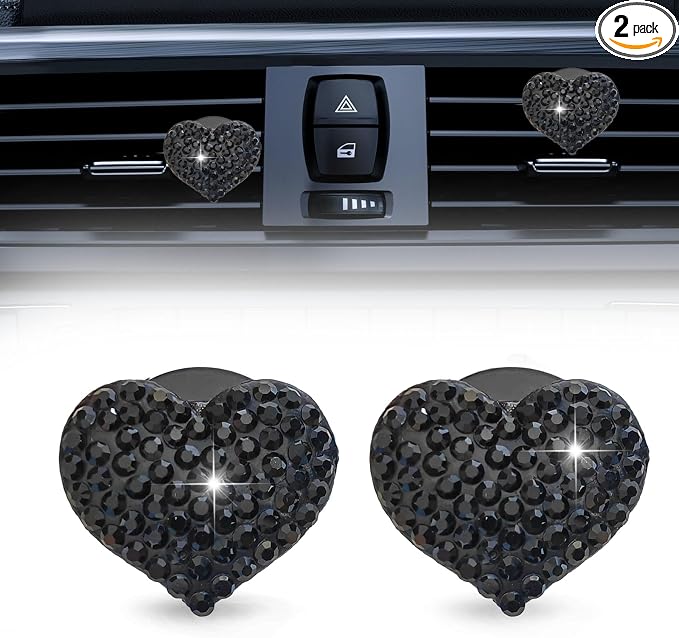 2Pcs Car Air Vent Clip, Bling Crystal Heart Charms Car Air Vent Clips, Car Air Conditioning Outlet Clip Decorative, Car Interior Decoration Accessories Universal for Women and Man (Black)