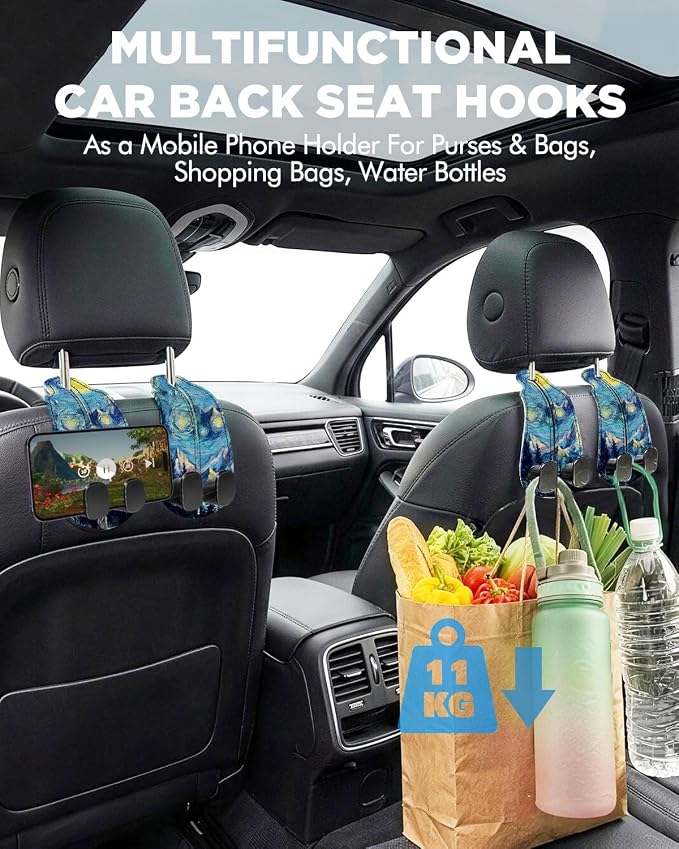 WOCOCN Purse Holder for Car, 2 Pack Heavy Duty Purse Hanger for Car, PU Leather Car Seat Hooks for Purses and Bags, Cute Starry Sky Mountain Headrest Organizer for Handbags & Backpacks