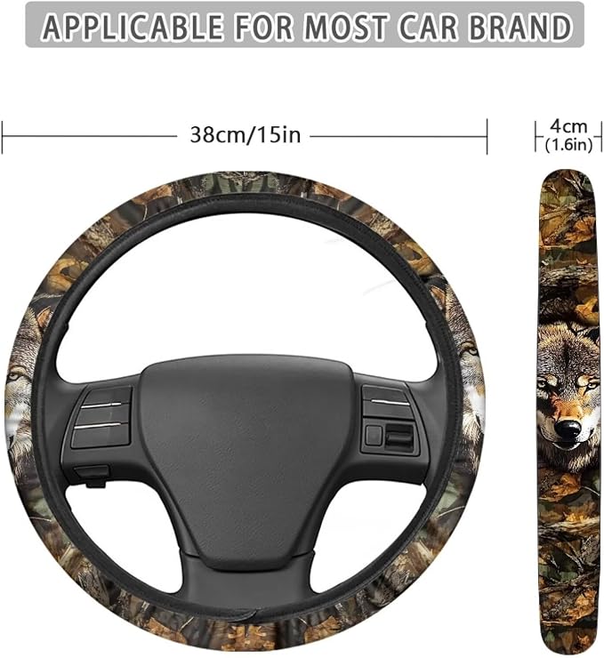 Wanyint Wolf Camo Hunting Forest Car Steering Wheel Cover 15 Inch, Soft Stretch Anti-Slip Washable Car Accessory Decor Universal Fit for Sedan SUV Truck
