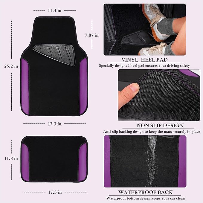 CAR PASS Faux Leather Steering Wheel Cover and Waterproof Car Floor Mats,Universal Car Combo Fit for 95% Sedan,SUV,Cars,14.5-15inch Sporty Anti-Slip Safety Comfortable Design(Black＆Purple)