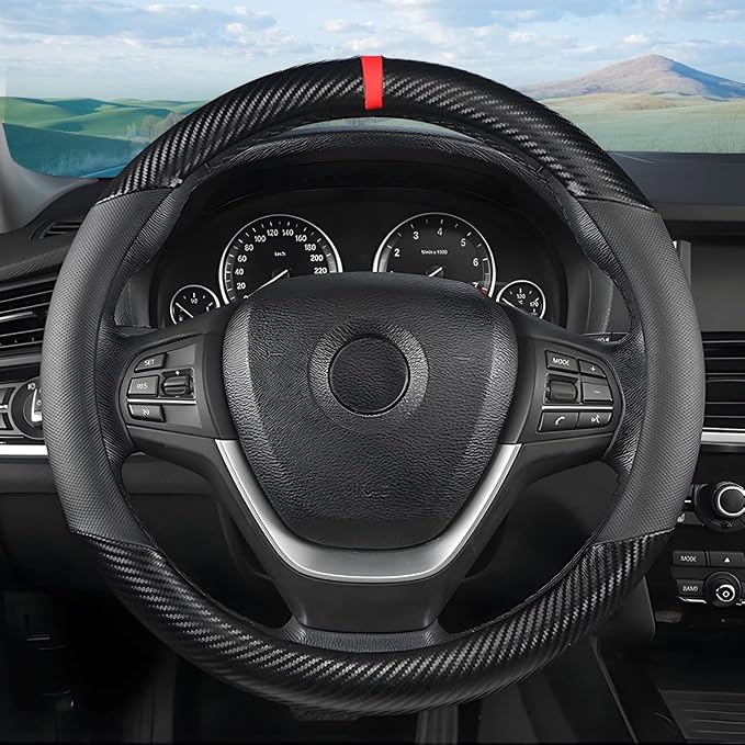 Moly Magnolia Carbon Fiber Steering Wheel Cover, Universal 15 inch Breathable Anti Slip, Black, Leather & Carbon Fiber, Truck & SUV, Automotive Steering Wheel Covers