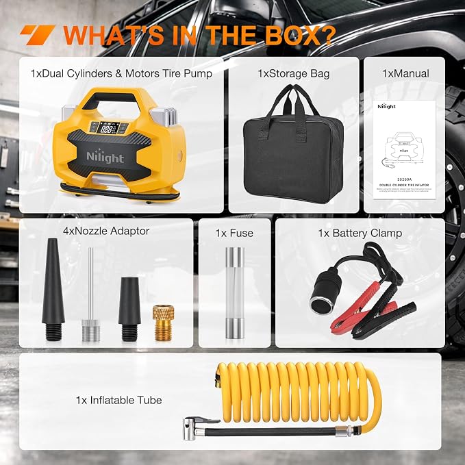 Nilight Portable DC 12V Heavy Duty Tire Inflator Dual Cylinders and Dual Motors Tire Pump 150PSI Air Pumps Auto Shutoff with Screen and LED Light Air Compressor for Pickup Truck ORVs SUVs Cars