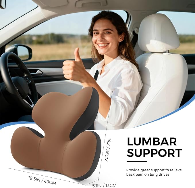 BEBAS Ergonomic Memory Foam Lumbar Support Pillow for Car, Coffee | Zoned Pressure Relief for Back Support, Lumbar Cushion with Fixed Ring, Breathable Washable Cover, Fits for Driving & Office