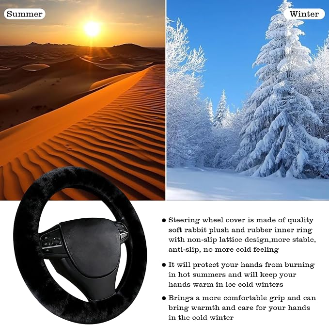 Furry Warm Steering Wheel Cover, Universal 14.5-15 Inch Winter Plush Warm Steering Wheel Cover, Soft Fluffy, Anti-Slip Design, Soft Texture (Black)