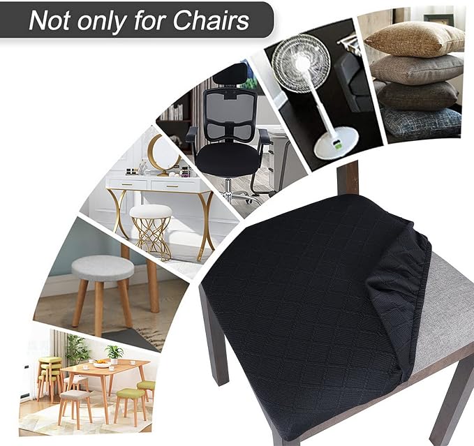 SearchI Seat Covers for Dining Room Chairs Stretch Jacquard Chair Seat Covers Set of 6, Removable Washable Upholstered Chair Seat Protector Cushion Slipcovers for Kitchen, Office(Black Rhombus)