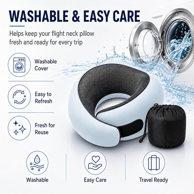 Travel Neck Pillow for Airplanes, Pure Memory Foam Neck Pillow with Washable Cover and Storage Bag, Ergonomic 360° Support for Sleeping, Car, Office, Home, Black