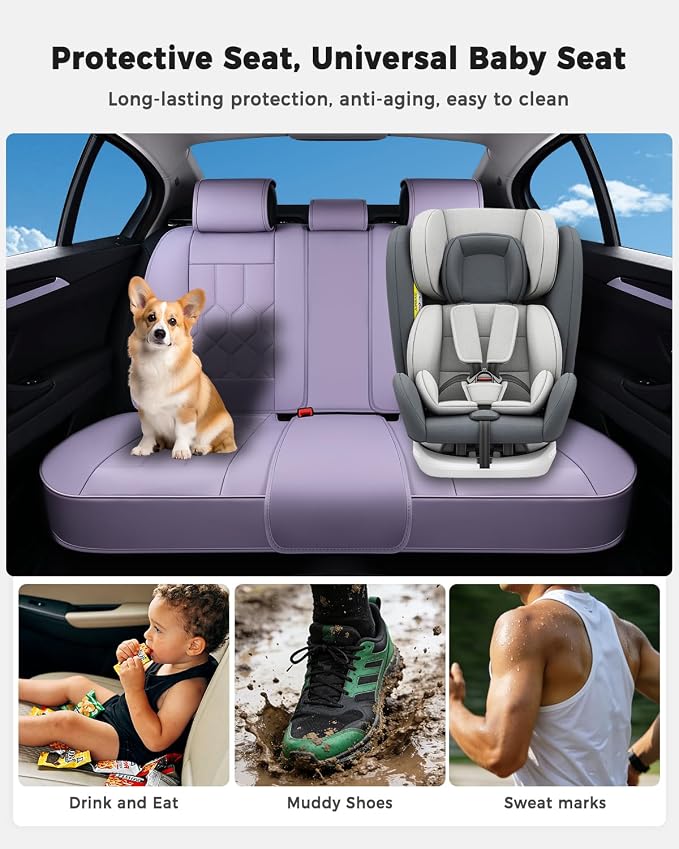 Huidasource Seat Covers Full Set, Universal Fit for Cars SUV Trucks, Purple | Full Coverage Leather Car Seat Cover, Airbag, Cupholder Compatible, Seat Function Retain, Velcro Adjustable