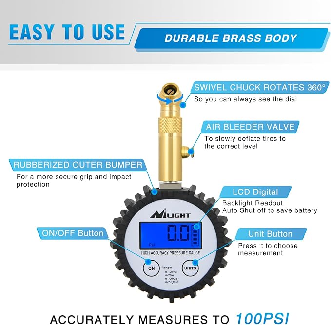 Nilight Digital Tire Pressure Gauge 100PSI Heavy Duty Stainless Steel Air Chucks ANSI 2A Certified Large Dial Wheel Service Checker for Truck Semi Truck ATV Motorhome Cars & RV Accessories
