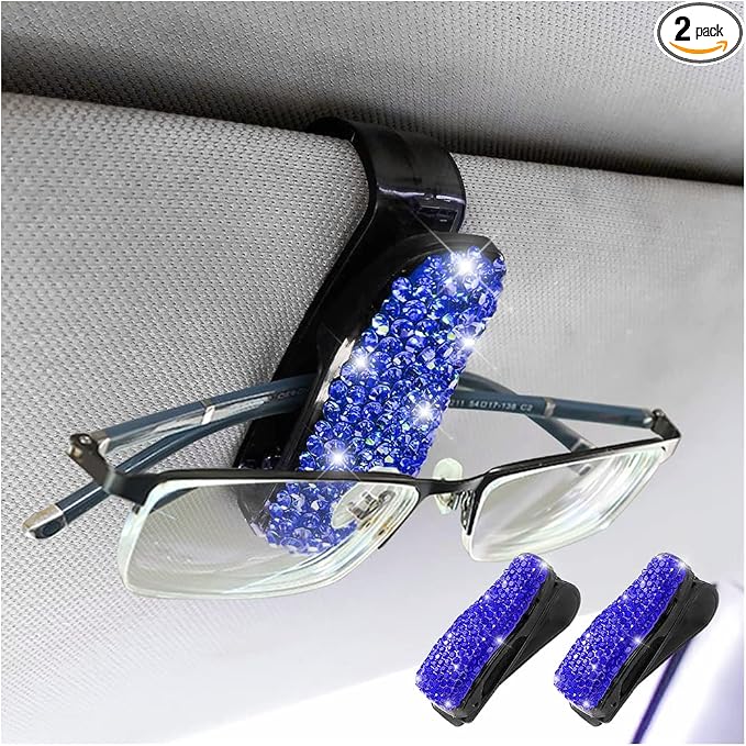 Moly Magnolia Bling Car Glasses Holder, 2PCS Handcrafted Crystal Rhinestones Fashion Car Sunglasses Mount with Card Clip for All Sun Visors, Auto Interior Accessories for Women Girl (Deep Blue)