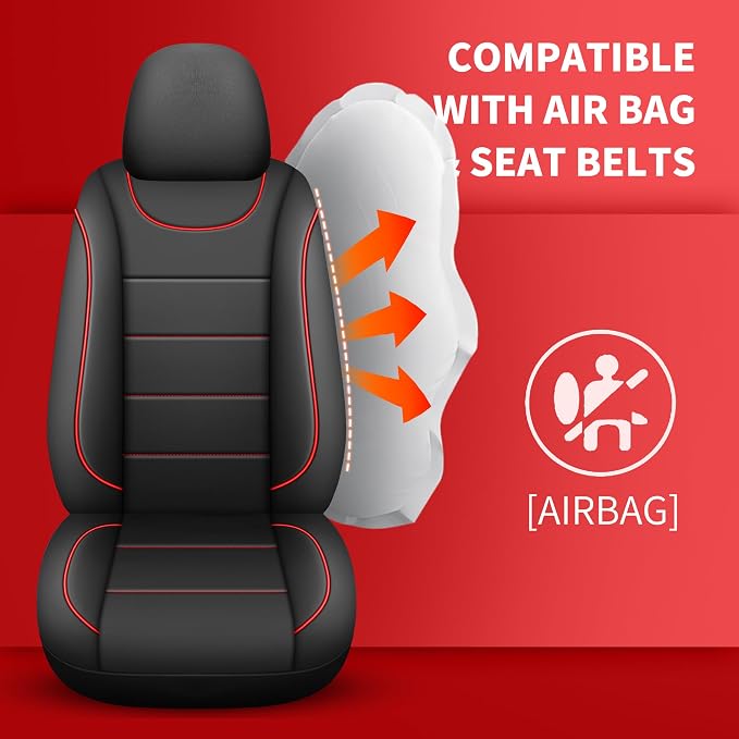 HChengkikz Car Seat Cover, Waterproof Faux Leather (Black + Red) | Car Seat Protectors, Quilting, Easy to install, Airbag Compatible, Universal Fit for Most Suvs, Trucks, SUVs