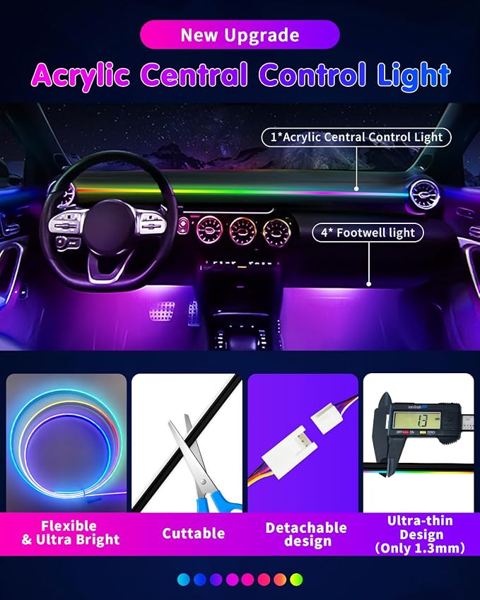 DUOFU365 Car Led Light Interior, RGB Dreamcolor Inside Light Music Sync | Under Dash Footwell automotive Strip Light, 12V Acrylic Strip Light for Vehicle, Truck,Jeep, SUV with Car Charger(1set)