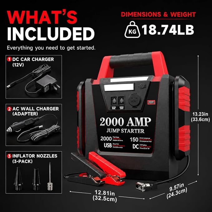 Jump Starter with Air Compressor,2000A Car Battery Jumper Starter 150 PSI Tire Inflator,6 in 1 Auto Lead-Acid Battery Booster Jump Starter for Up to 10.0L Gas or 8.0L Diesel with LED Light