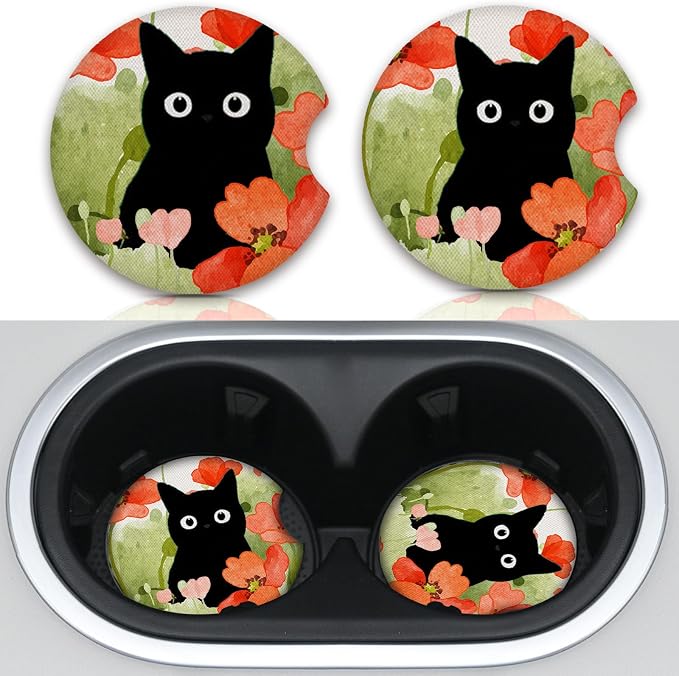 Car Coasters for Cup Holders,Balck Cat Cute Car Assecories for Women,Pack of 2 Cup Holder Coasters for Car,2.75" Anti Slip Rubber Car Cup Mat with A Finger Notch.