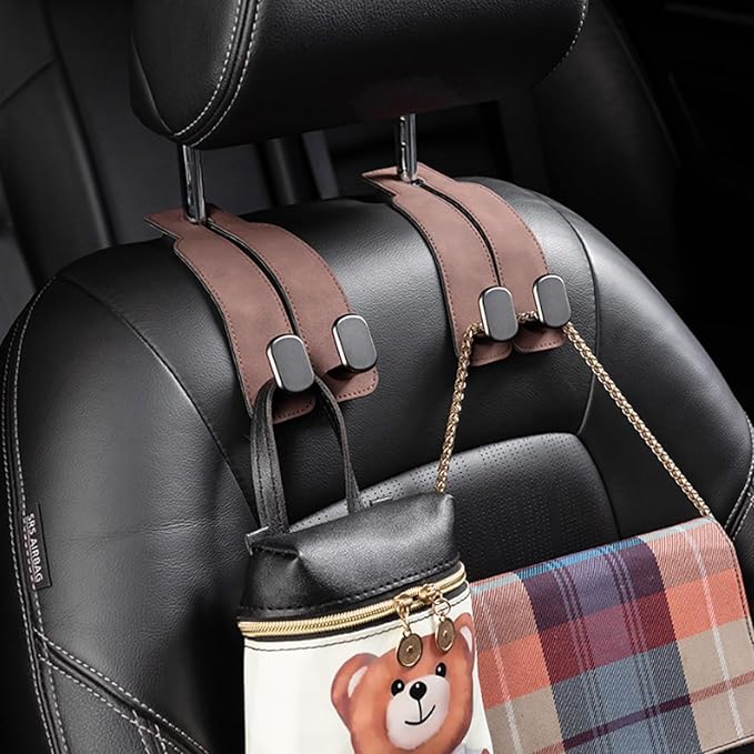 Amelity Car Headrest Hooks, Purse Hook for Car 4 Pack Brown | Universal Car Interior Accessories for Women, Available in 2/4 Pack, Storage Hanger Holds Purses, Backpacks, Grocery Bags