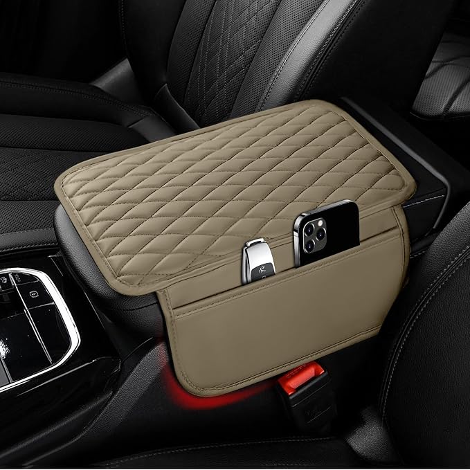 Ouzorp Car Center Console Cover Upgraded Microfiber Leather Car Arm Rest Cover with 2 Storage Bags Universal Armrest Cover for Car Storage Box Car Interior Accessories Protector for Most Vehicle-Beige