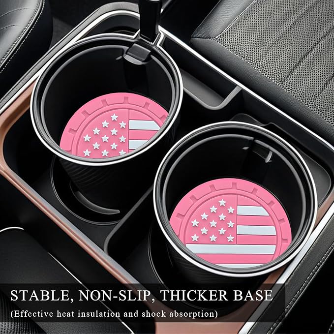 4 PCS Car Cup Holder Coasters, 2.75 Inch Universal Non-Slip American Flag Insert Coaster for Auto Cup Holders, Shockproof Car Drink Mat for Men Women, Vehicle Interior Decor (Pink)