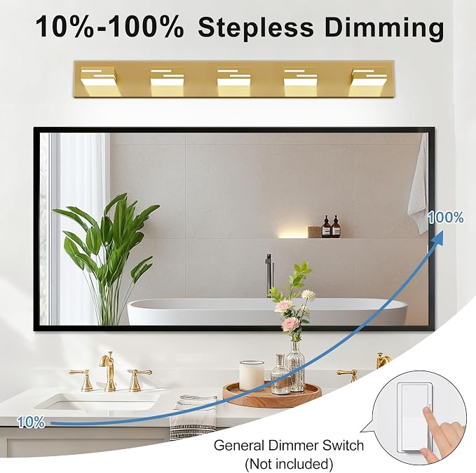 LED Modern Bathroom Vanity Light Fixtures, Dimmable Gold Vanity Lights for Bathroom Lighting Fixtures Over Mirror, with 360° Rotatable Heads 5-Light 36-inch (Cool White 6000K)