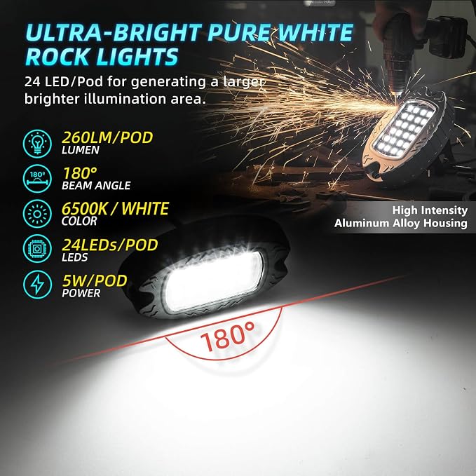12Pods Metal Pure White LED Rock Lights Kit 6500K for Truck Pickup Offroad | Aluminum Housing, Plug-and-Play & Pre Wired, Switch Wiring Harness Extension Fuse, 288Chips Waterproof 12V, Pure Copper Wire