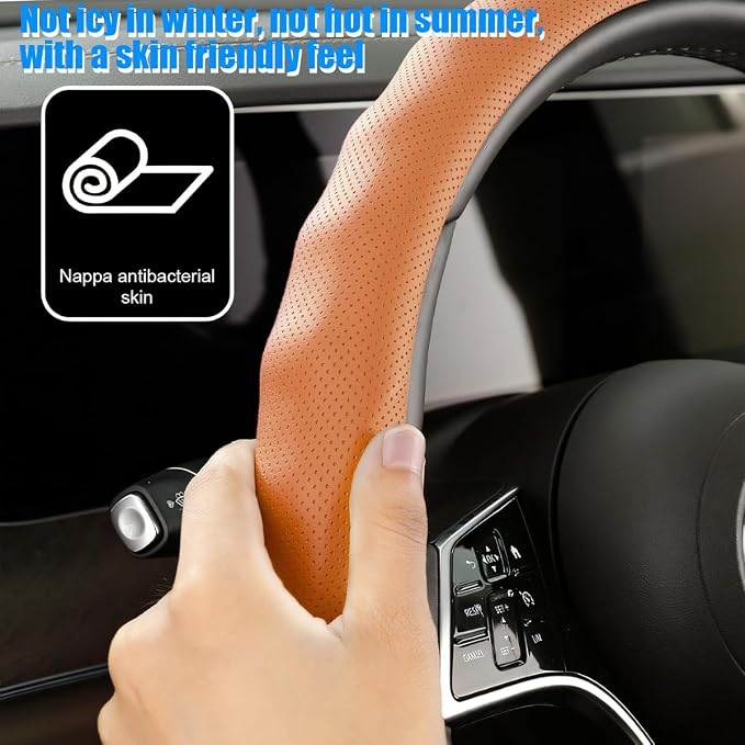 Car Steering Wheel Cover, 15 inch Nappa Leather Anti-Slip & Ultra-Thin 5D Vehicle Steering Wheel Protector, Breathable Automotive Interior Accessories, Universal Fit (Orange)