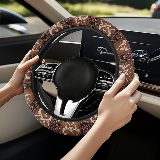 Wanyint Auto Steering Wheel Cover Universal Stretch 15 Inch Anti-Slip Neoprene Car Steering Wheel Protector for Women Men, Aztec Brown Beige Cow Print