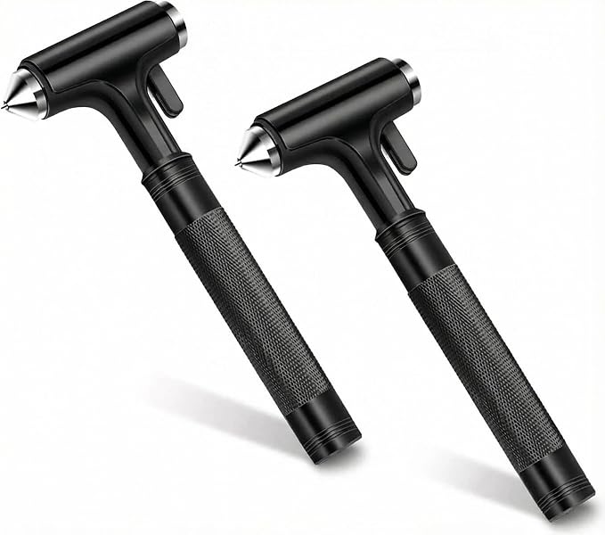 2-Pack Alloy Car Window Breaker with KM46 Tungsten Tip, 3-in-1 Glass Breaker & Seatbelt Cutter & Escape Hammer Car Emergency Rescue Tools for Tesla Model 3/Y/S/X/Cybertruck Accessories(Black-2PCS)