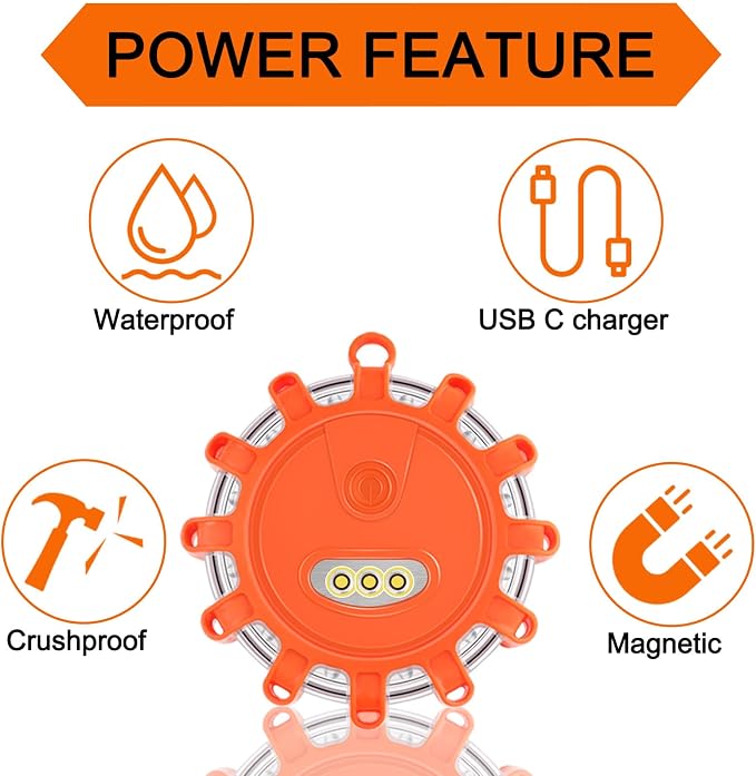 AK LED Road Flares Rechargeable Safety Flashing Warning Light Roadside Emergency Disc Beacon Kit for Vehicles Boats with Magnetic Base & Hook & USB Charging Cables (4 Pack)