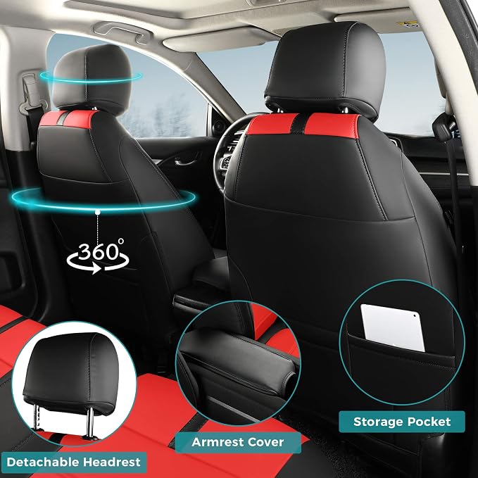 Seat Covers for Honda Civic Sedan LX 2016 2017 2018 2019 2020 2021, Faux Leather Car Seats Cover Full Set Waterproof, Black Red (Solid Rear Seatback - No Rear Armrest)