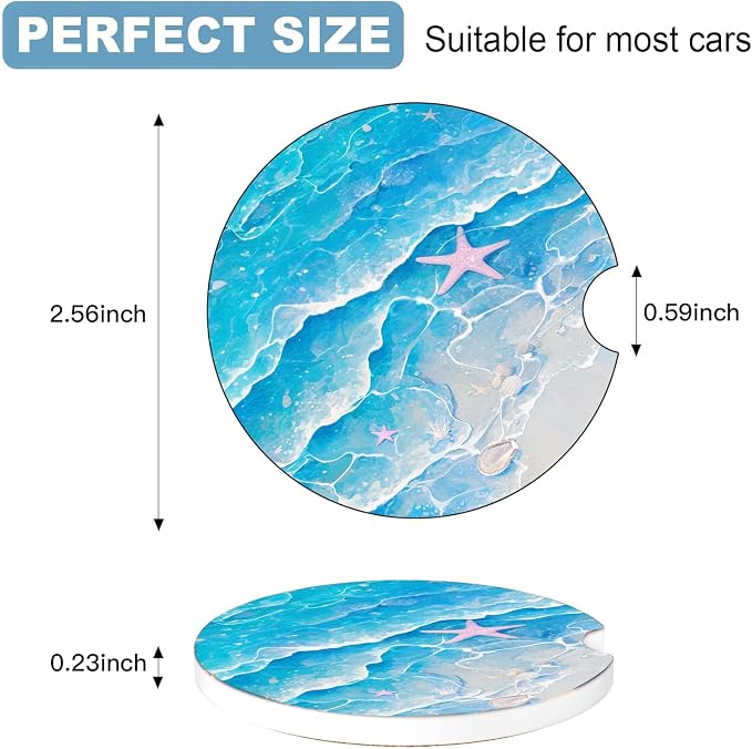 Car Cup Holder Coaster Set of 2, 2.56 in Ceramic Coasters, Scratch-Resistant Cork Backing, Finger Groove Design for Easy Placement, Cute Car Accessories Interior for Women (Blue Starfish)
