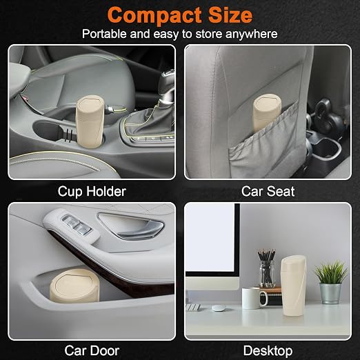 Car Trash Can, Leakproof Mini Car Garbage Can Cup Holder with Lid | Car Door Trash Bin with 20 Trash Bags, Vehicle Front Back Seat Organizers and Storage for Car, Home, Office, Beige