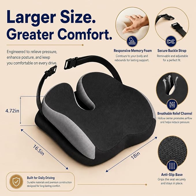 Memory Foam Ergonomic Seat Cushion for Office Chairs Pain Relief | Suitable for prolonged sitting, relieves tailbone pain, fits office chairs, wheelchairs, car seats and computer desk chairs