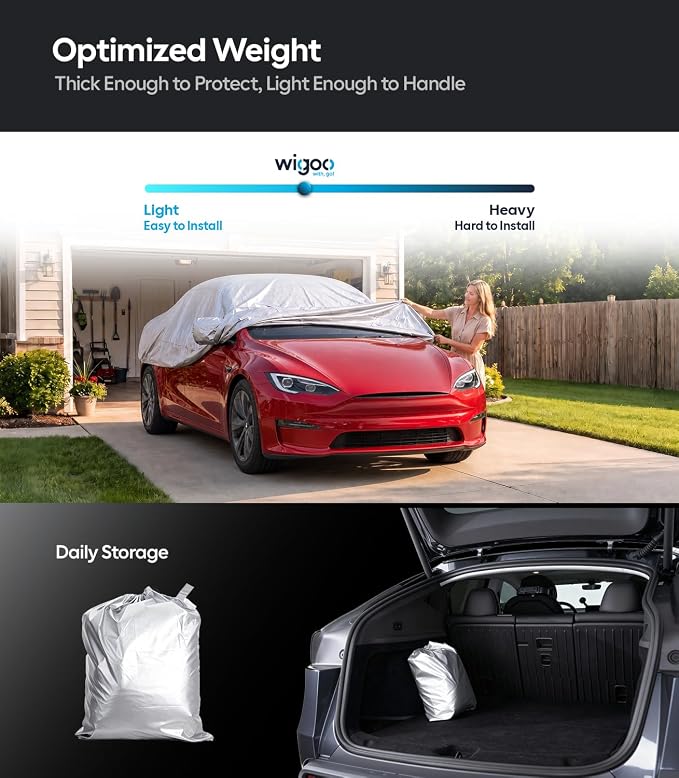 Wigoo Tesla Model S Car Cover Accessories 2012-2026, Custom Fit Waterproof All Weather Outdoor Full Car Cover, Windproof UV Rain Snow Dust Protection, Door Zipper, Charging Port, Ventilated Mesh