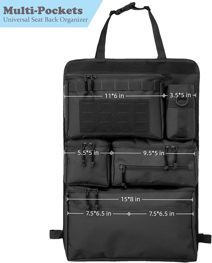 One-Piece Universal Car Seat Back Organizer with Tissue & Water Bottle Bag | Tactical Molle Car Backseat Organizer, Multi Separate Storage Compartments,for Car Truck Pickups SUVs