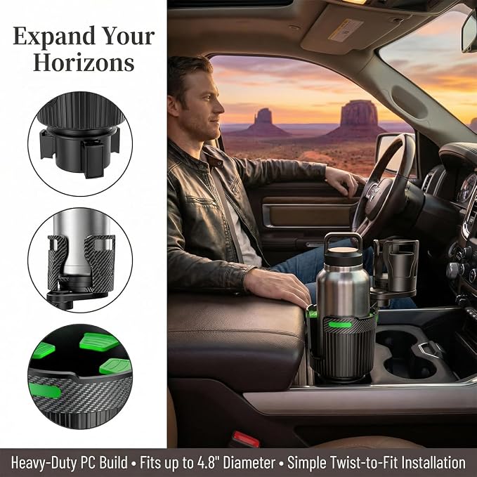 Car Cup Holder Expander, Expandable Arm Automotive Cup Holder Adapter with Adjustable Base, Vehicle Water Bottles Mugs Drinks Insert Adapter Extender, Universal Fit (Green)