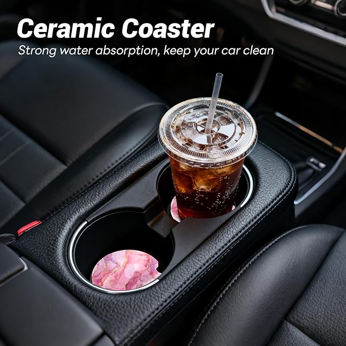 Car Cup Holder Ceramic Coasters 2 Pack, 2.56 in Anti Slip Absorbent Coaster with Cork Base and Finger Notch, Funny Cute Car Accessories Interior for Women, Pink Stone