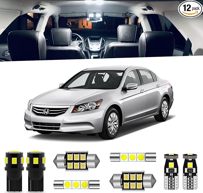 12-Pieces Accord LED Interior Light Kit for Honda Accord 2003 2004 2005 2006 2007 2008 2009 2010 2011 2012 White 6000K Interior LED Lighting Package + License Plate Lights, Install Tool