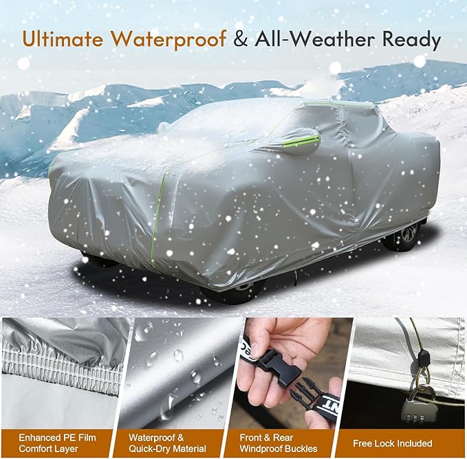 Tecoom Truck Cover Waterproof for Automobiles, Breathable Light Shell Windproof Sun Rain Snow Protection with Zipper Door & Lock, All Weather Outdoor Full Pickup Covers Fit Length Up to 233"