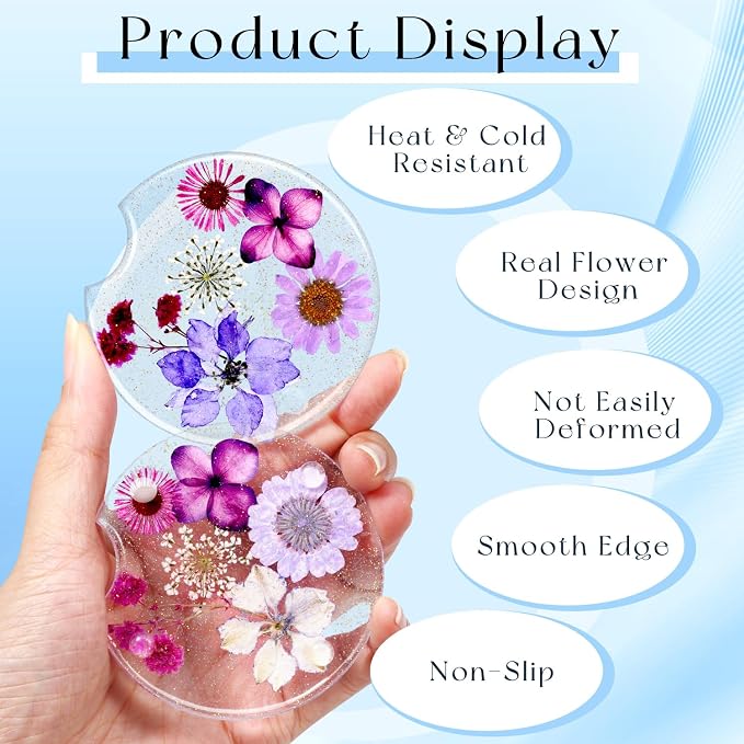 Swooflia Flower Car Cup Holder Coasters for Women - 2.75 Inch Cute Resin Clear Automotive Drink Cupholder Insert Car Accessories 2 Pack Pink Purple