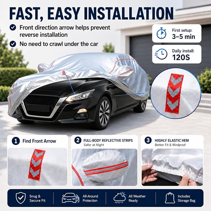 Waterproof All Weather Heavy Duty Vehicle Cover, 360° Underbody Wrap Windproof Design, Quick Install Outdoor Cover,（for Nissan Altima 2002-2025）