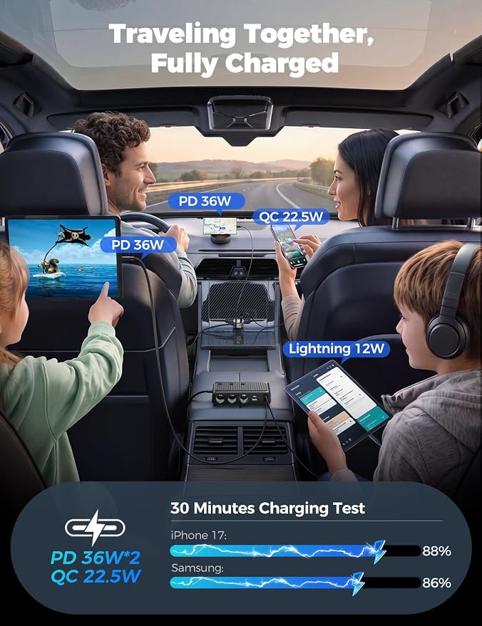 227W 9 in 1 Cigarette Lighter Splitter, PD36W *2 & QC3.0 Fast Car Charger | Retractable USB C Fast Charger, 12V/24V Car Charger, 31.5IN Retractable Cords & 39.6IN Extension Cord, LED Voltage Display